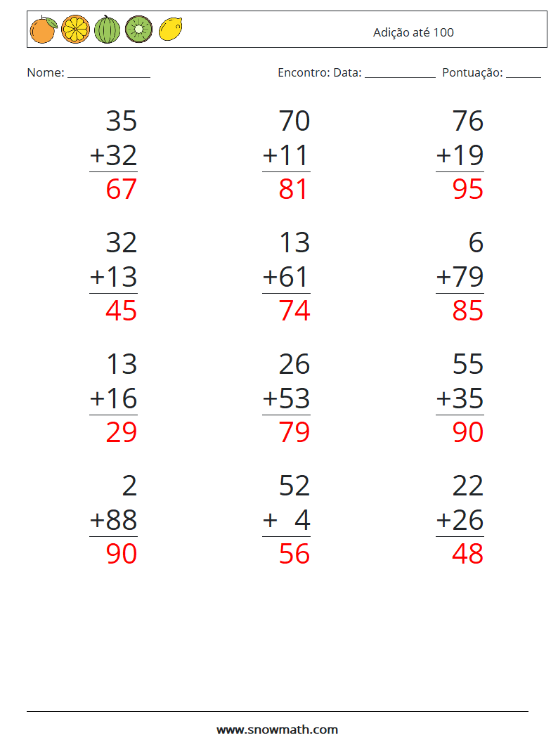 (12) Adição até 100 planilhas matemáticas 14 Pergunta, Resposta