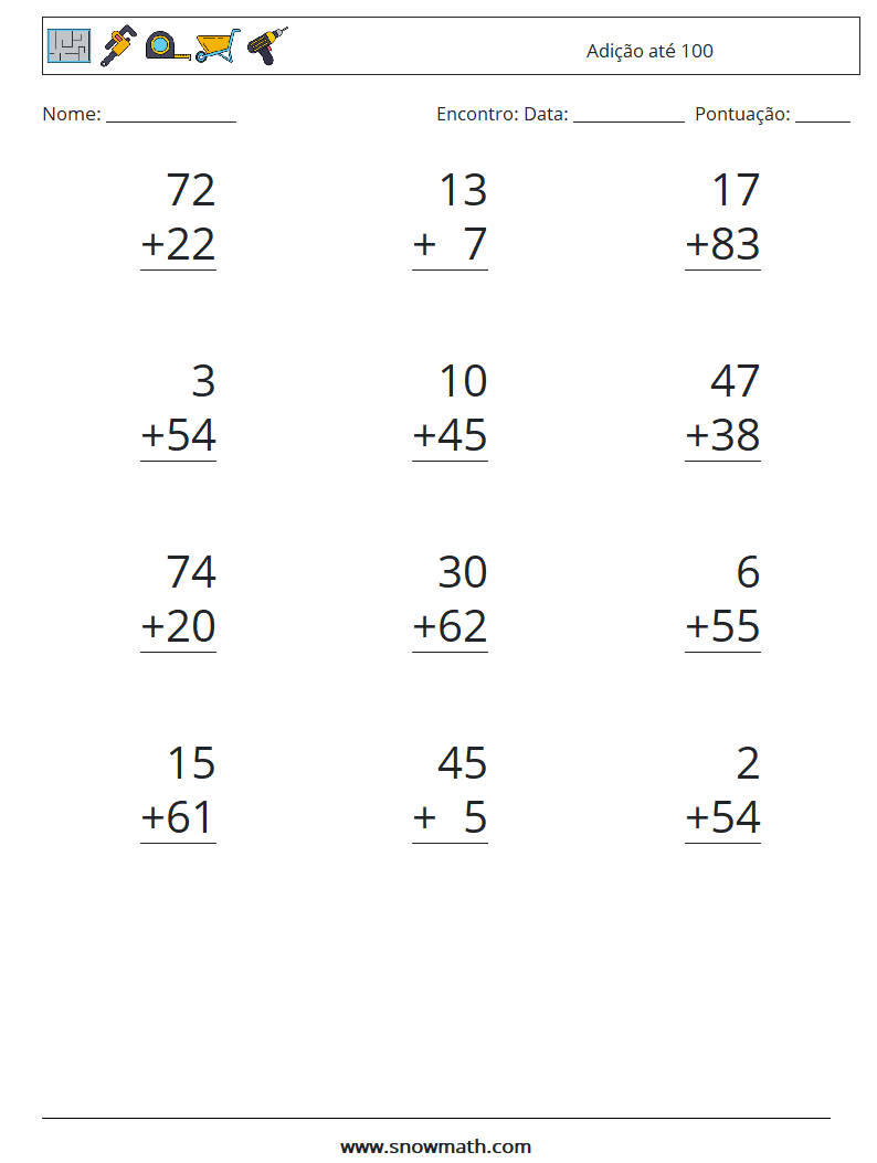 (12) Adição até 100 planilhas matemáticas 15