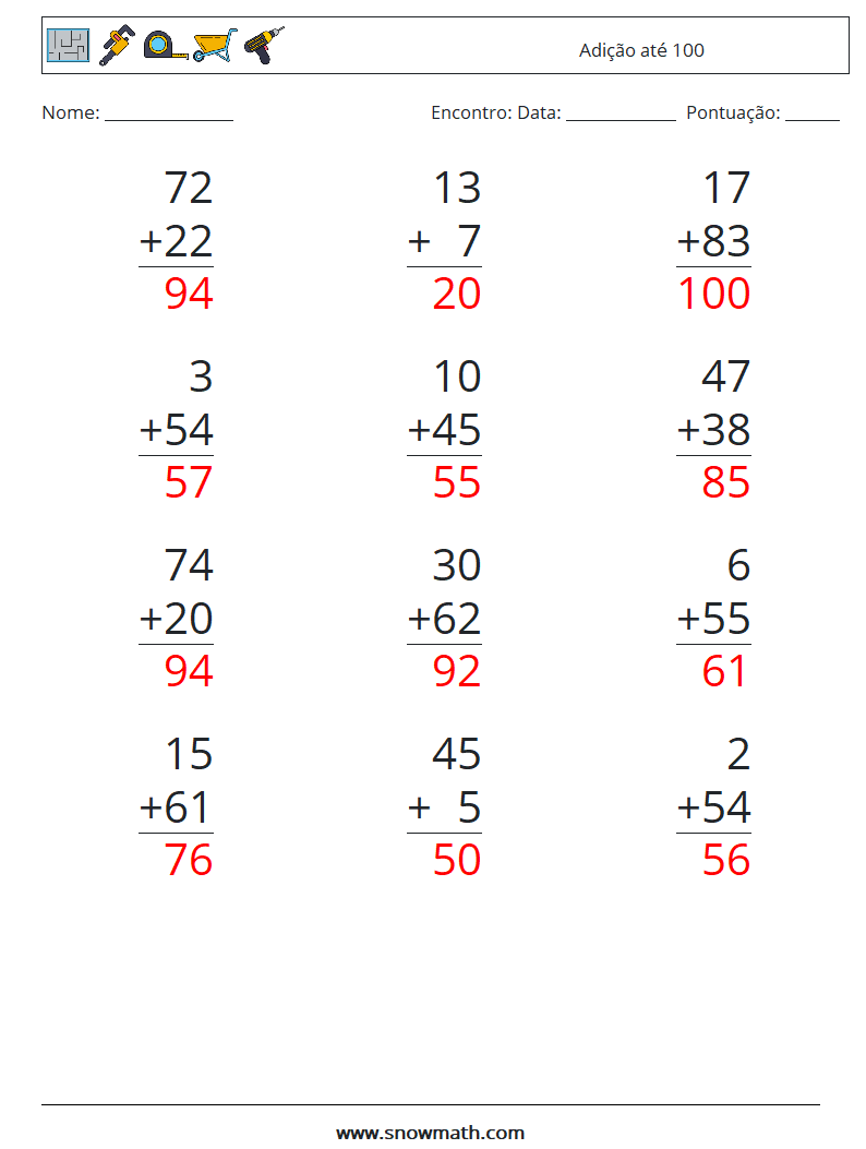 (12) Adição até 100 planilhas matemáticas 15 Pergunta, Resposta