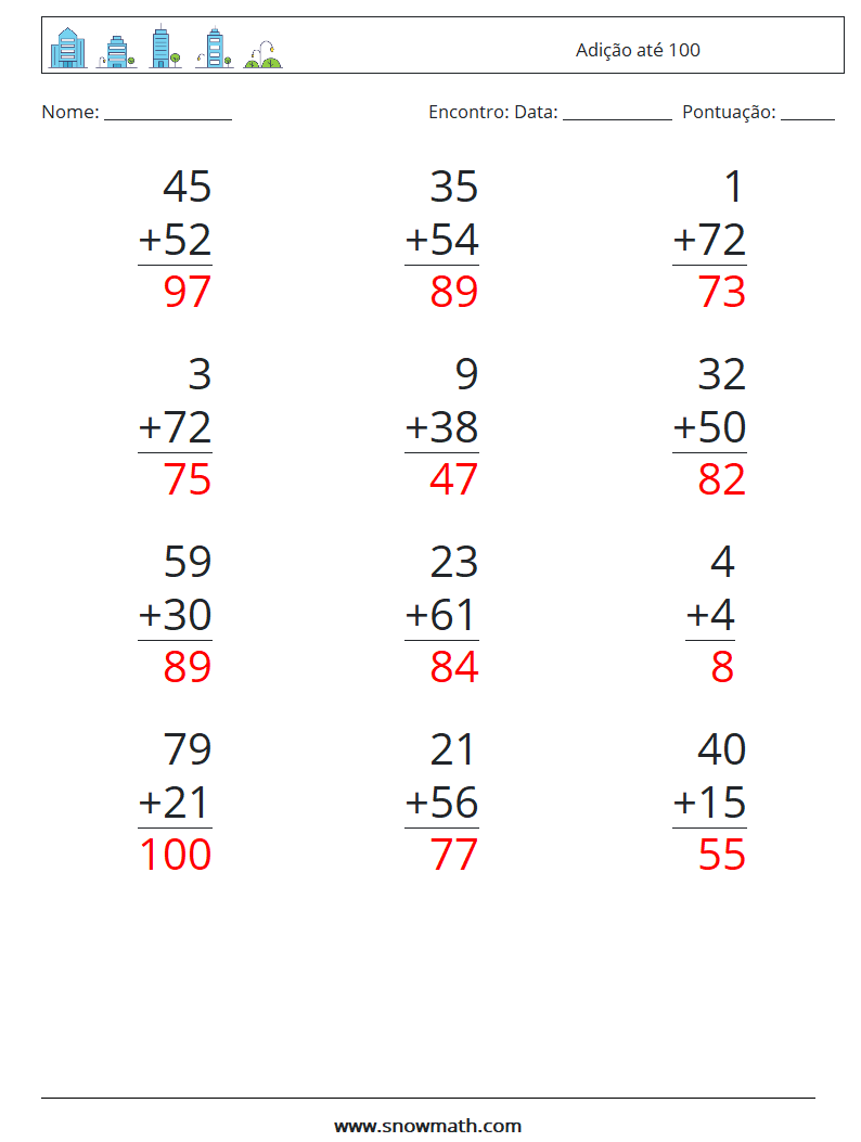 (12) Adição até 100 planilhas matemáticas 16 Pergunta, Resposta