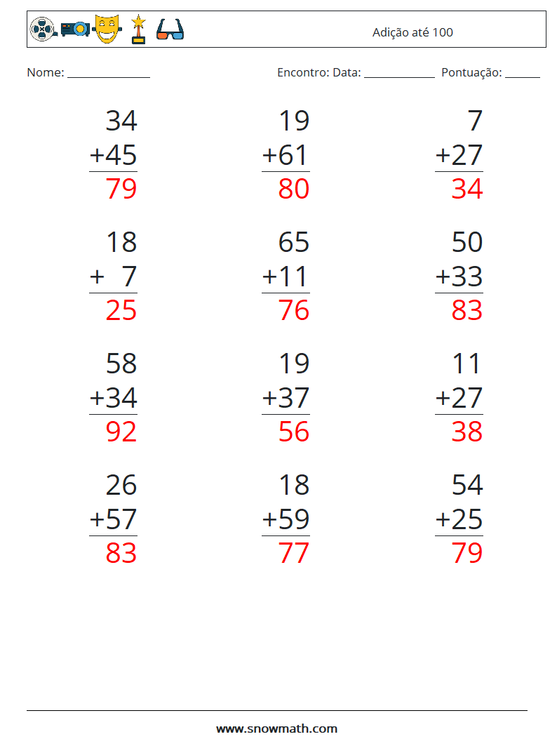 (12) Adição até 100 planilhas matemáticas 17 Pergunta, Resposta