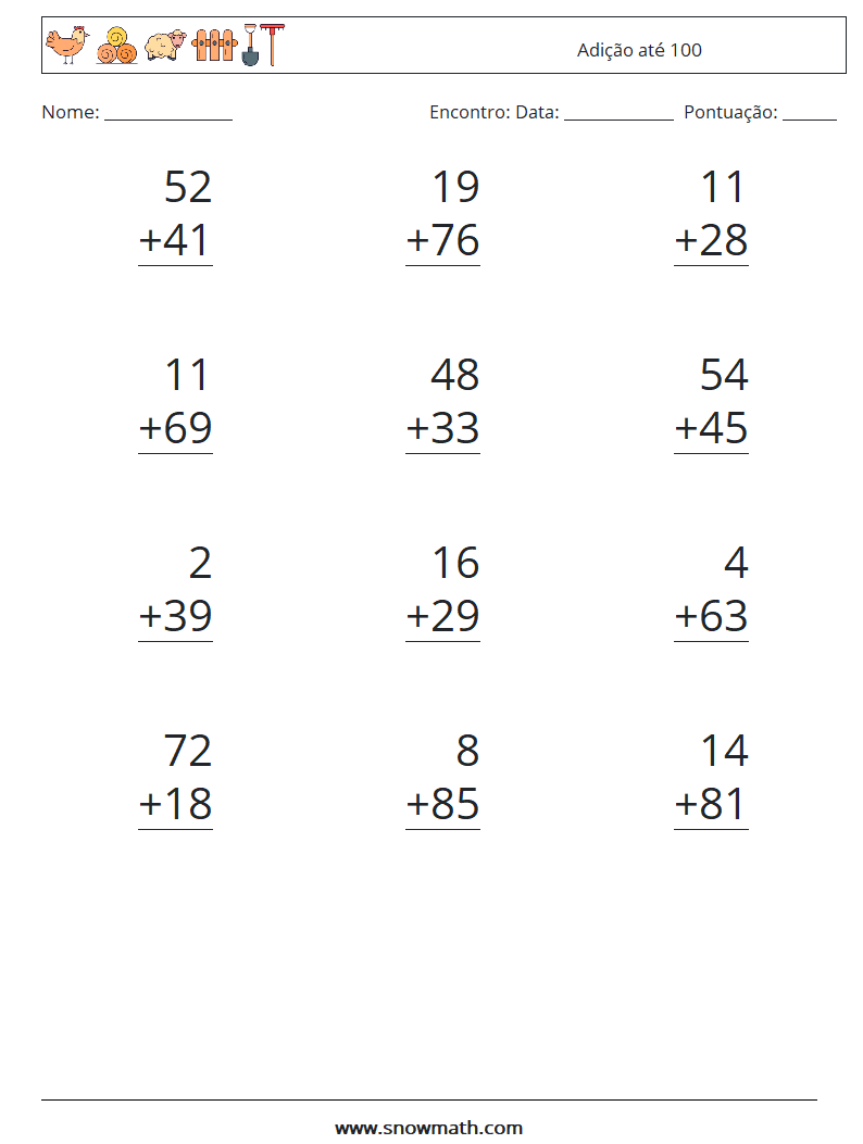 (12) Adição até 100 planilhas matemáticas 18