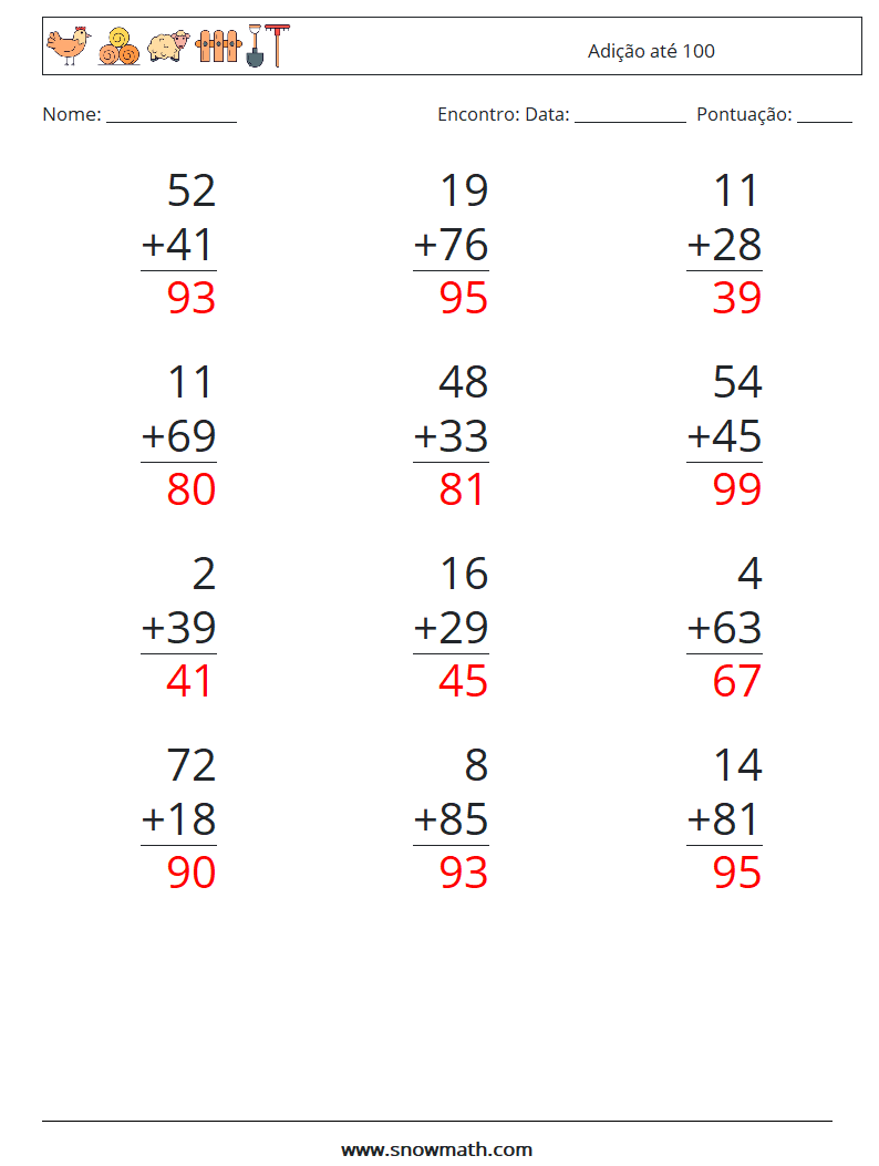 (12) Adição até 100 planilhas matemáticas 18 Pergunta, Resposta