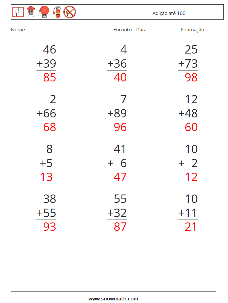 (12) Adição até 100 planilhas matemáticas 1 Pergunta, Resposta