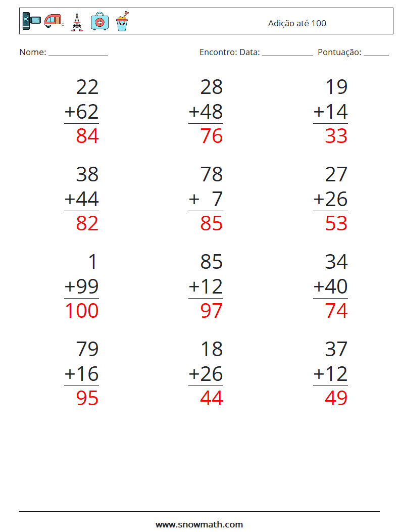 (12) Adição até 100 planilhas matemáticas 2 Pergunta, Resposta