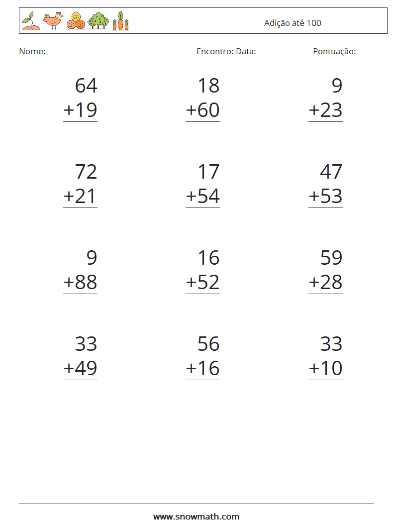 (12) Adição até 100 planilhas matemáticas 3