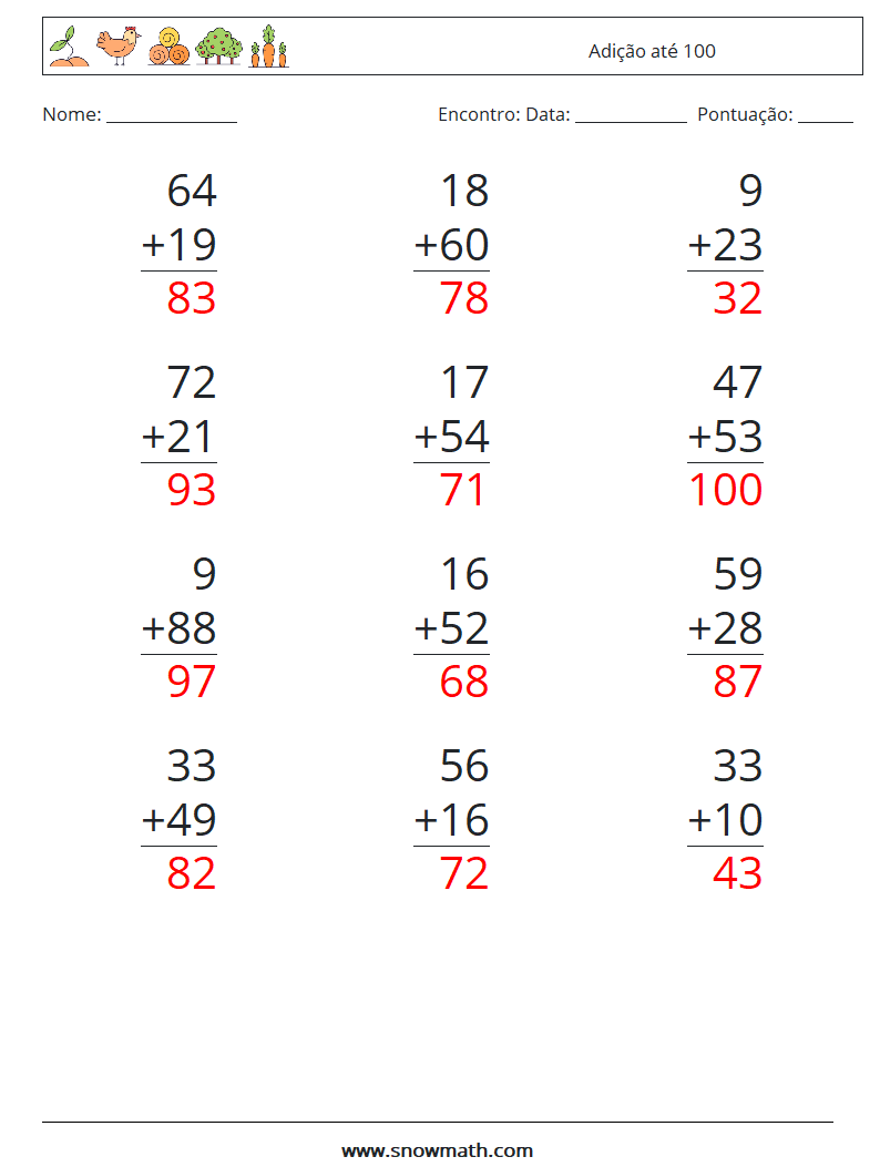 (12) Adição até 100 planilhas matemáticas 3 Pergunta, Resposta