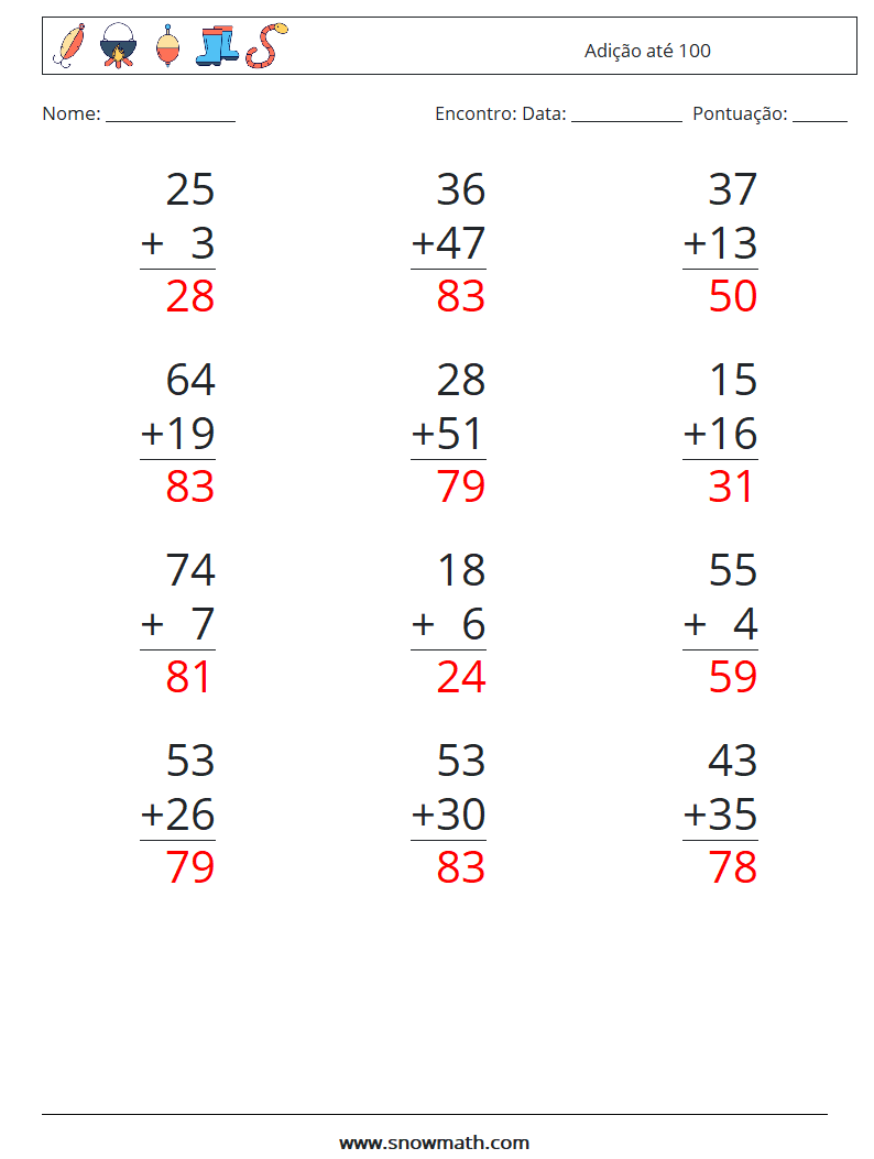 (12) Adição até 100 planilhas matemáticas 4 Pergunta, Resposta