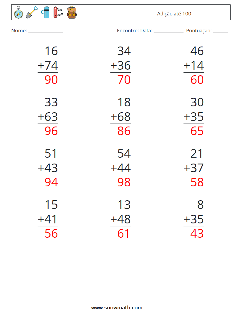 (12) Adição até 100 planilhas matemáticas 5 Pergunta, Resposta