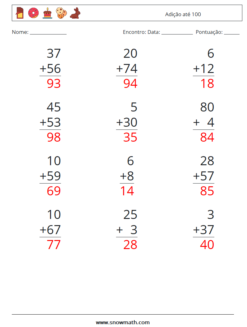 (12) Adição até 100 planilhas matemáticas 6 Pergunta, Resposta