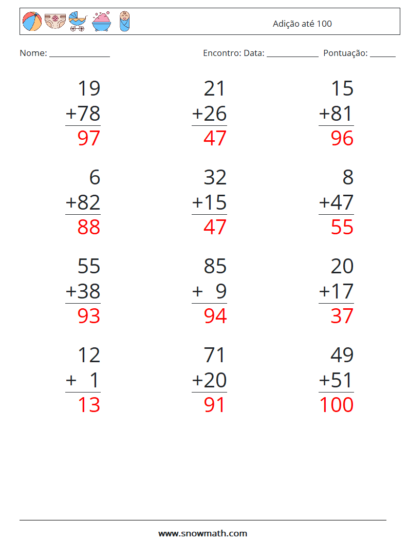 (12) Adição até 100 planilhas matemáticas 7 Pergunta, Resposta