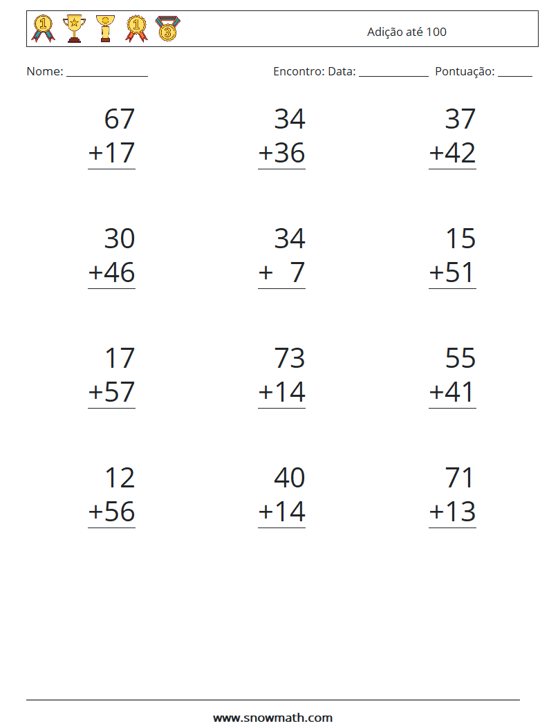 (12) Adição até 100 planilhas matemáticas 9