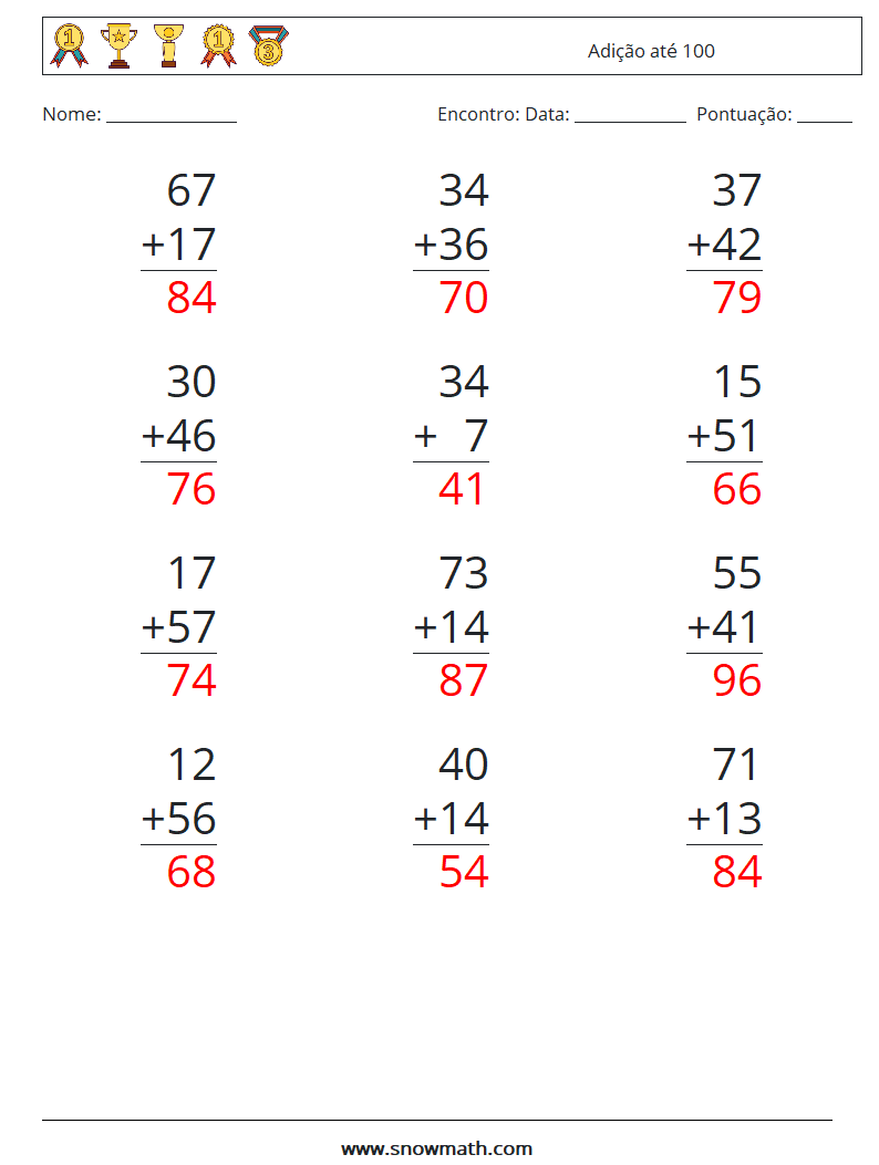 (12) Adição até 100 planilhas matemáticas 9 Pergunta, Resposta