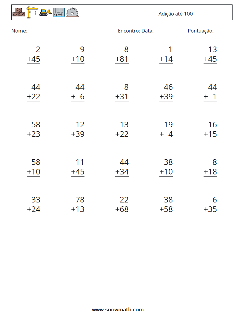 (25) Adição até 100 planilhas matemáticas 10