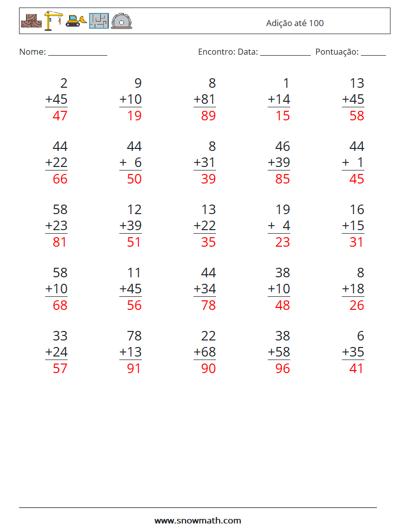 (25) Adição até 100 planilhas matemáticas 10 Pergunta, Resposta