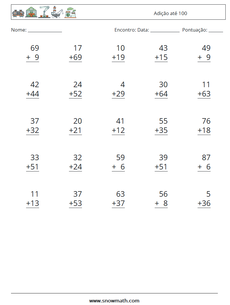 (25) Adição até 100 planilhas matemáticas 11