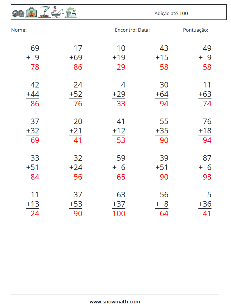 (25) Adição até 100 planilhas matemáticas 11 Pergunta, Resposta