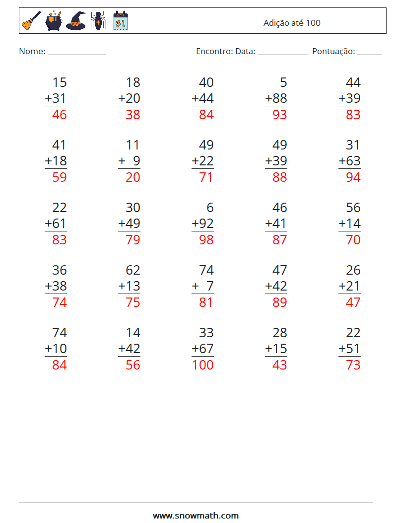 (25) Adição até 100 planilhas matemáticas 13 Pergunta, Resposta