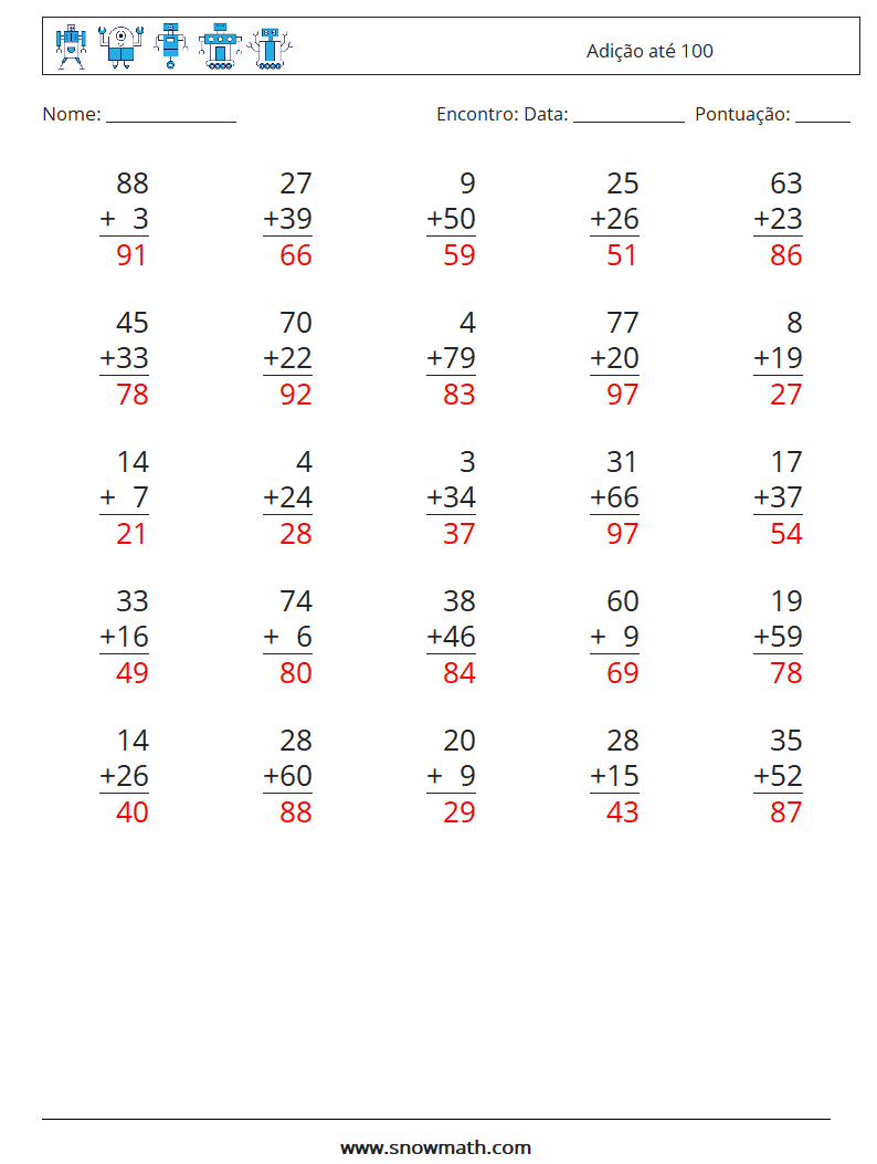 (25) Adição até 100 planilhas matemáticas 15 Pergunta, Resposta