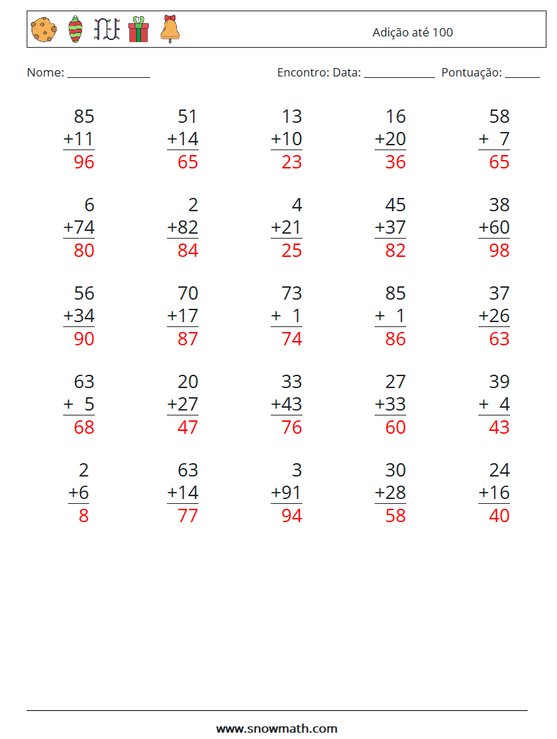 (25) Adição até 100 planilhas matemáticas 16 Pergunta, Resposta