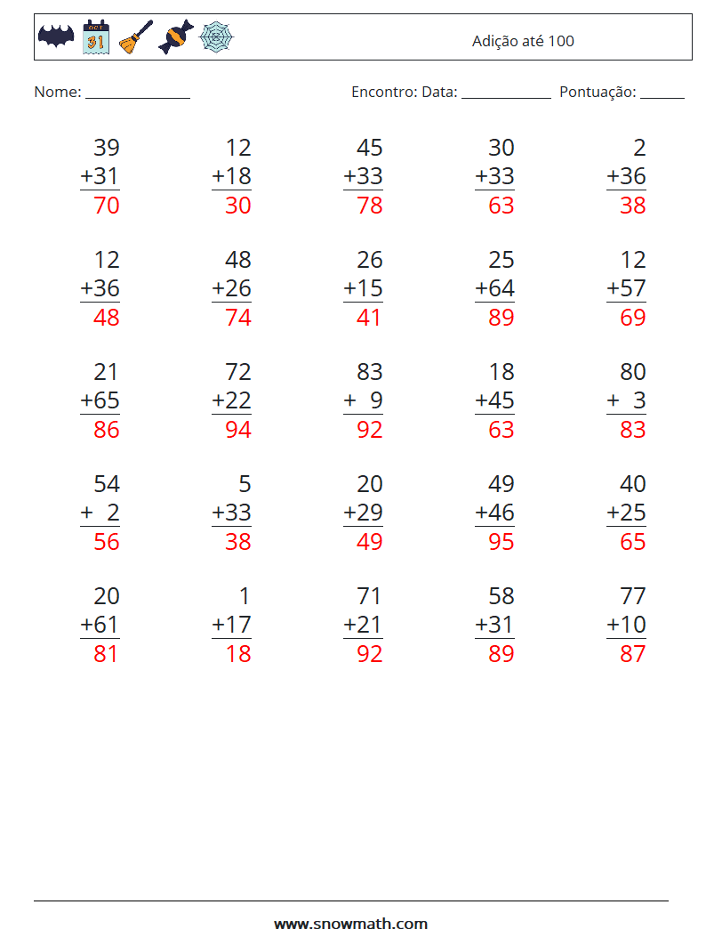 (25) Adição até 100 planilhas matemáticas 1 Pergunta, Resposta