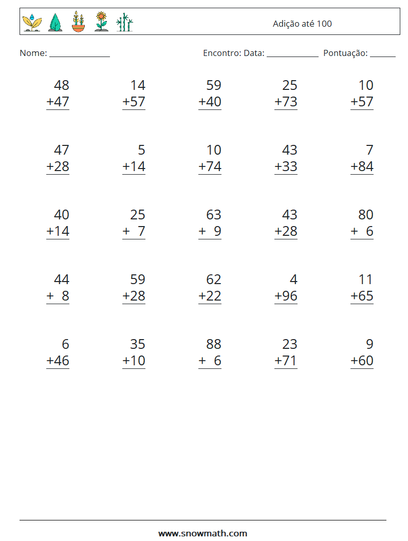 (25) Adição até 100 planilhas matemáticas 2