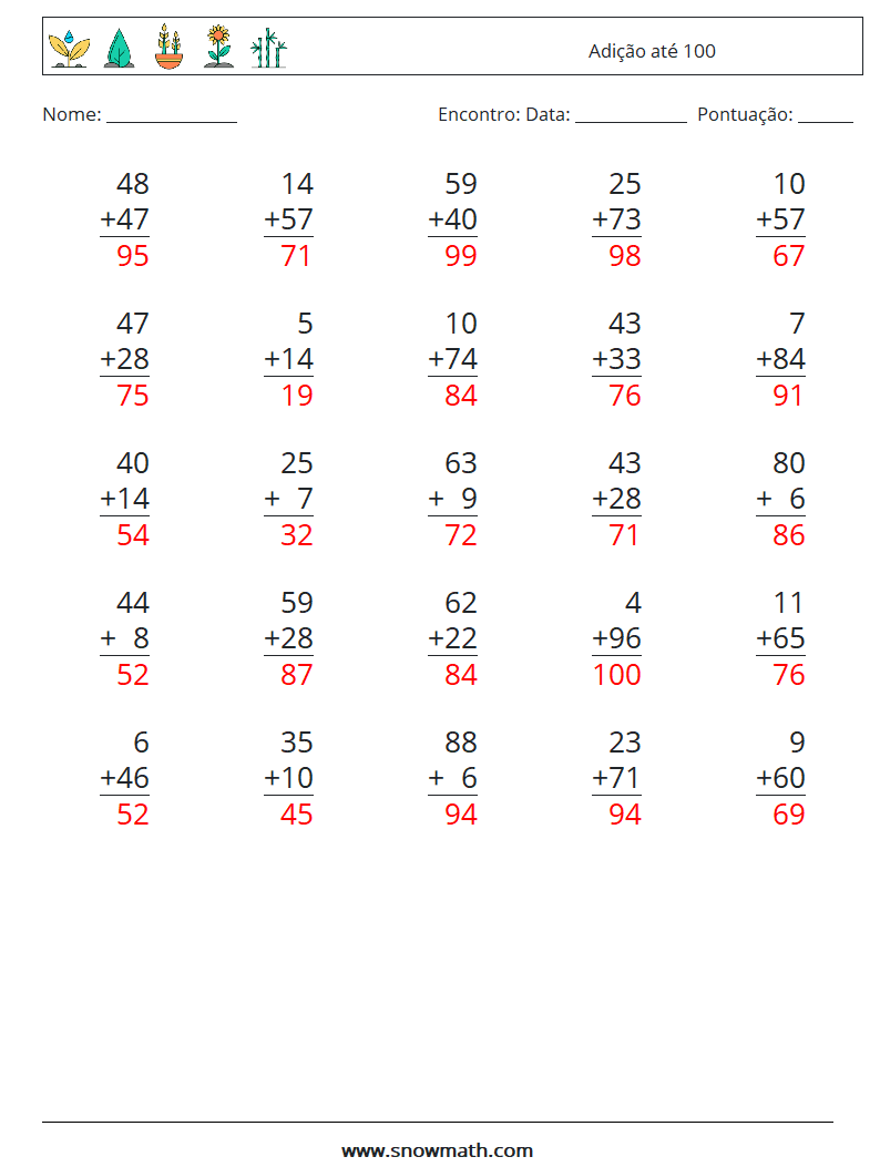 (25) Adição até 100 planilhas matemáticas 2 Pergunta, Resposta