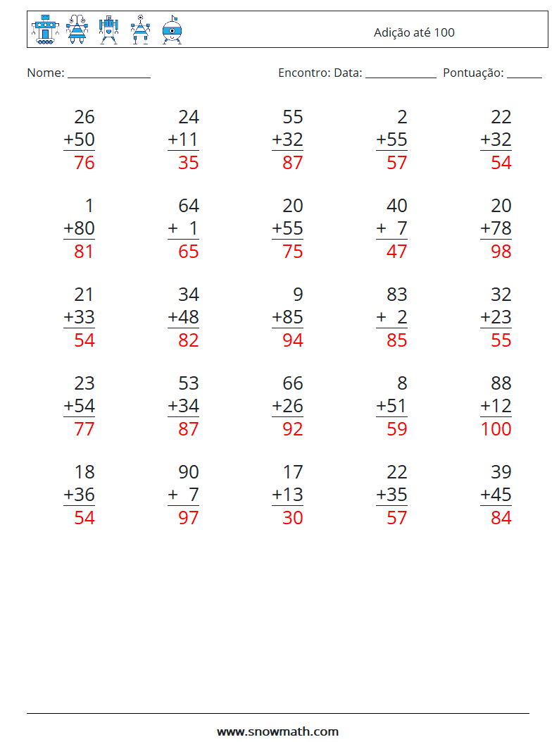 (25) Adição até 100 planilhas matemáticas 3 Pergunta, Resposta