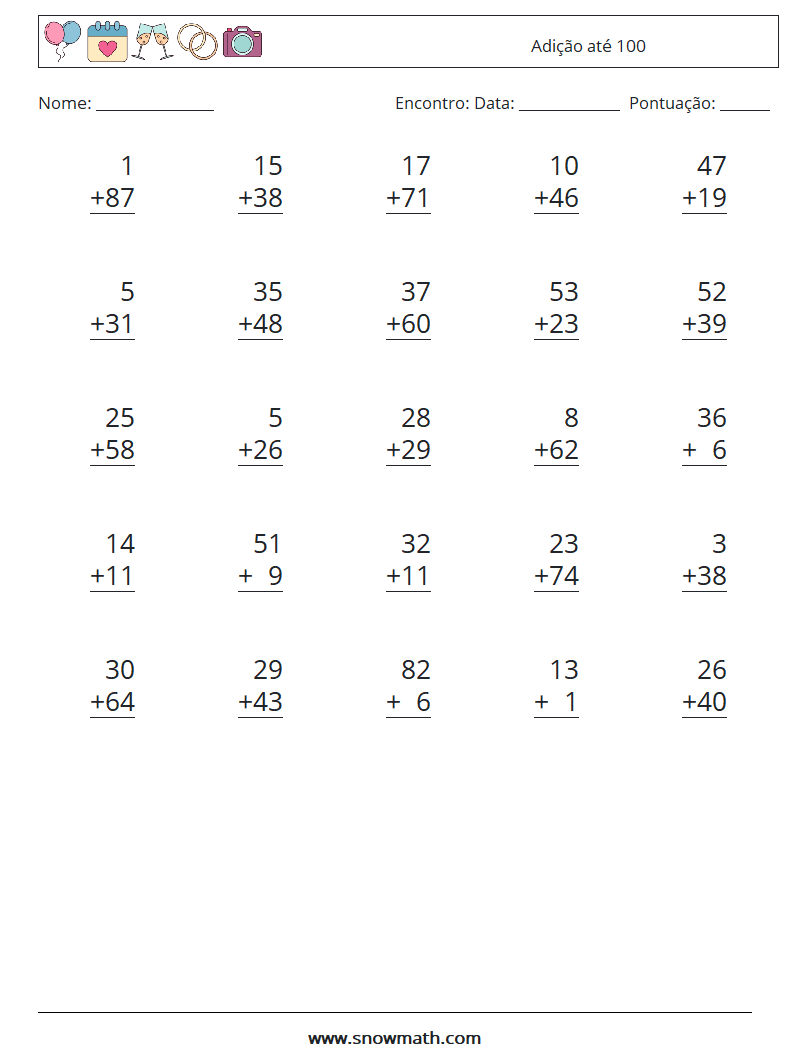 (25) Adição até 100 planilhas matemáticas 4