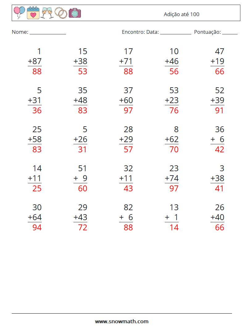 (25) Adição até 100 planilhas matemáticas 4 Pergunta, Resposta