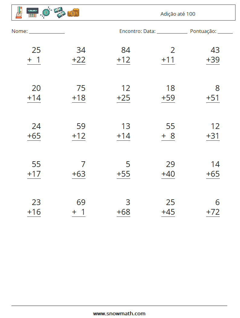 (25) Adição até 100 planilhas matemáticas 5