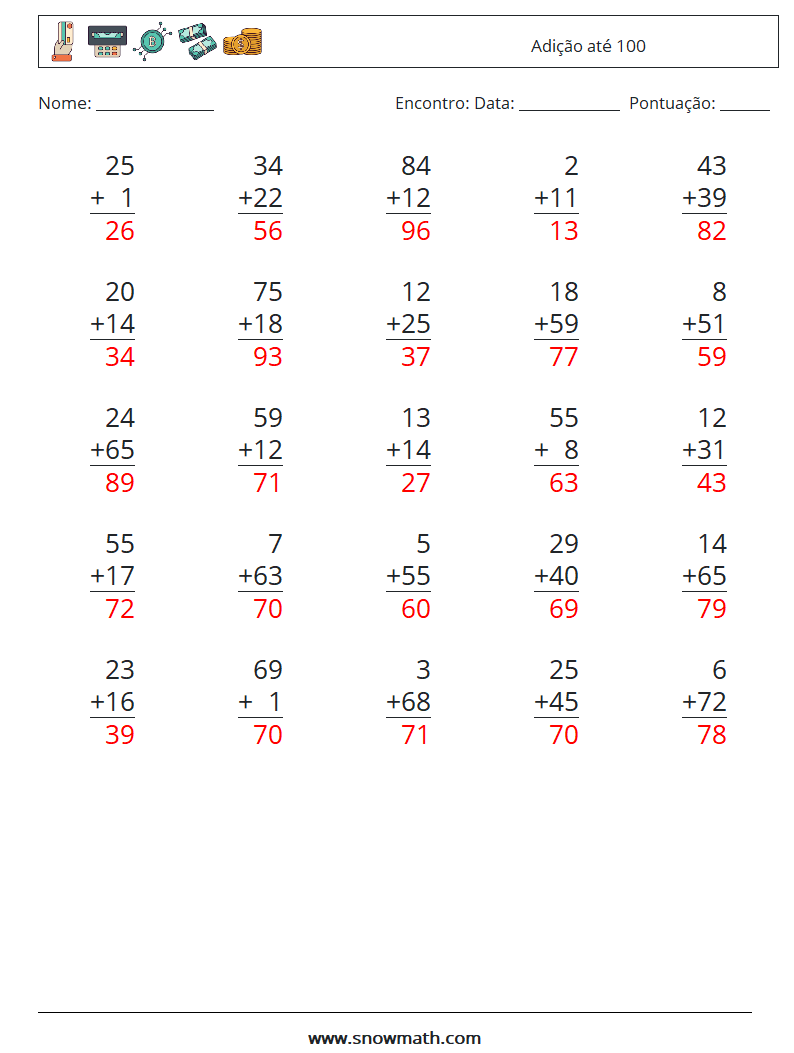 (25) Adição até 100 planilhas matemáticas 5 Pergunta, Resposta