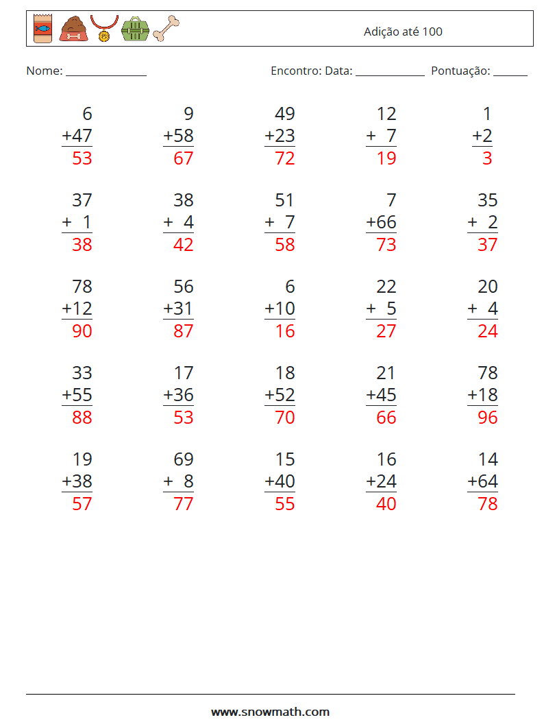 (25) Adição até 100 planilhas matemáticas 6 Pergunta, Resposta