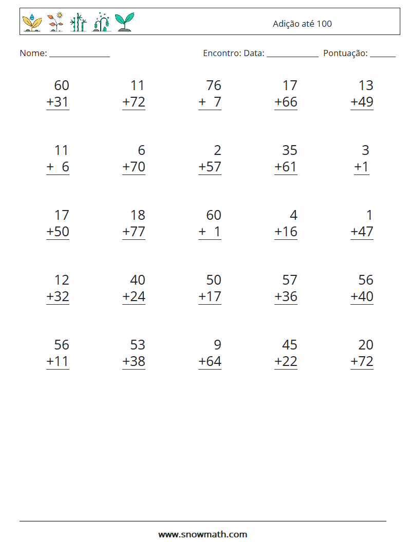 (25) Adição até 100 planilhas matemáticas 7