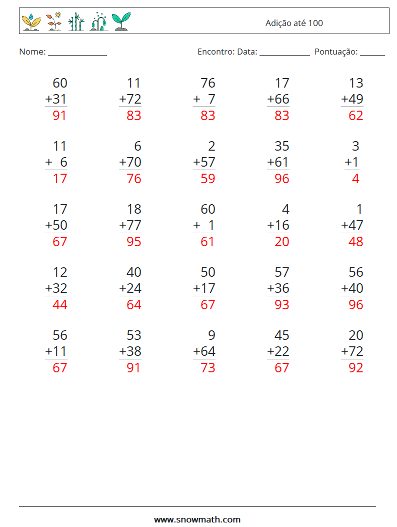 (25) Adição até 100 planilhas matemáticas 7 Pergunta, Resposta