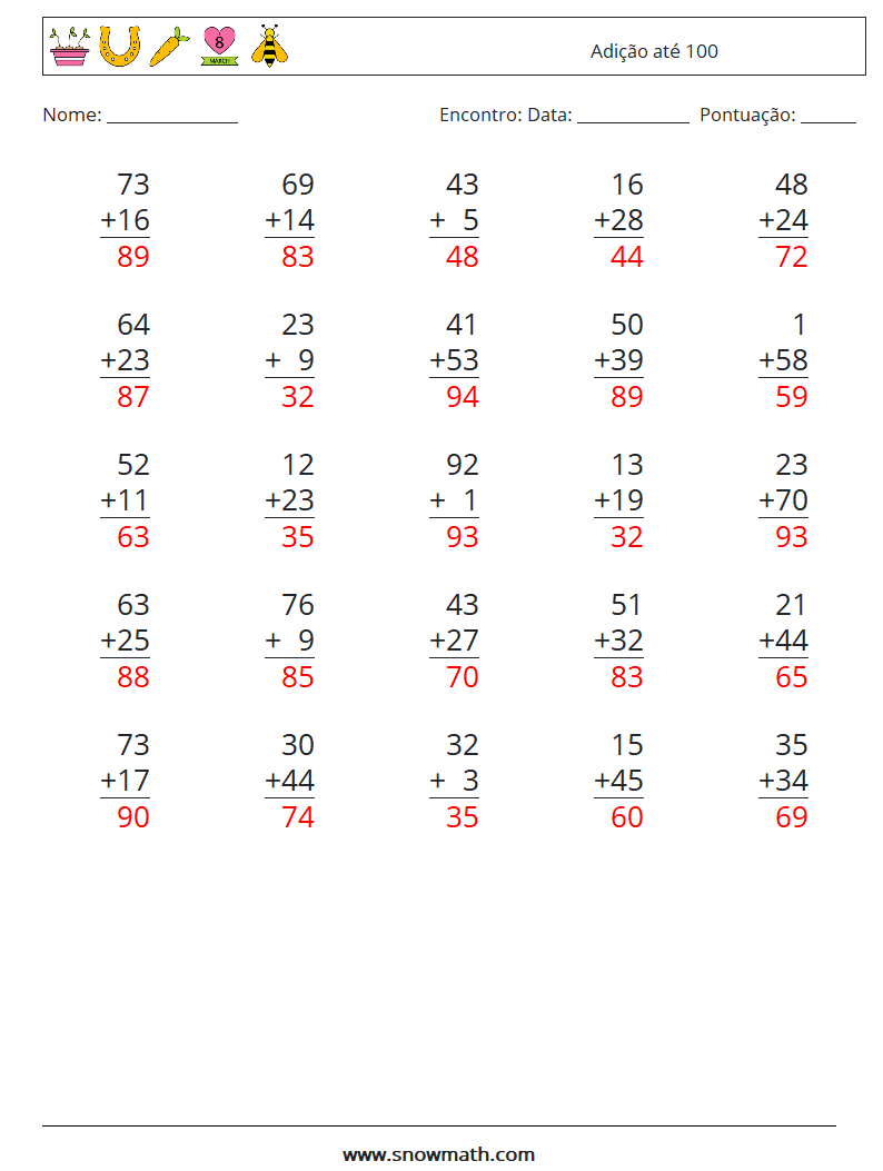 (25) Adição até 100 planilhas matemáticas 8 Pergunta, Resposta