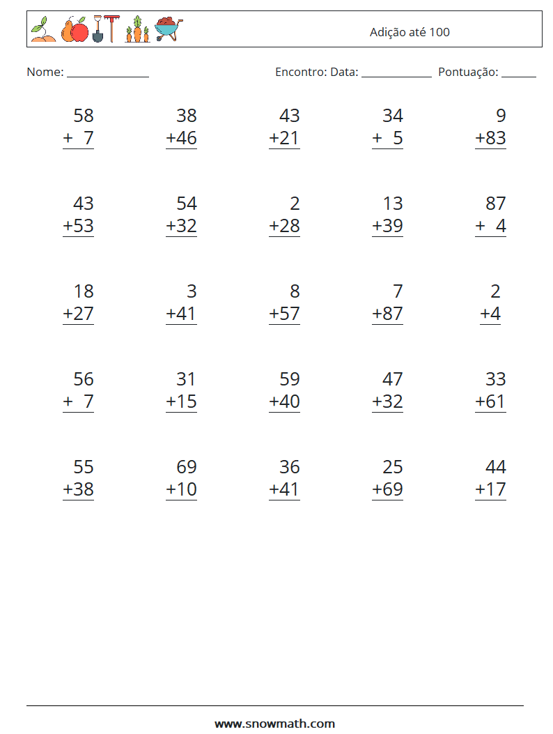 (25) Adição até 100 planilhas matemáticas 9