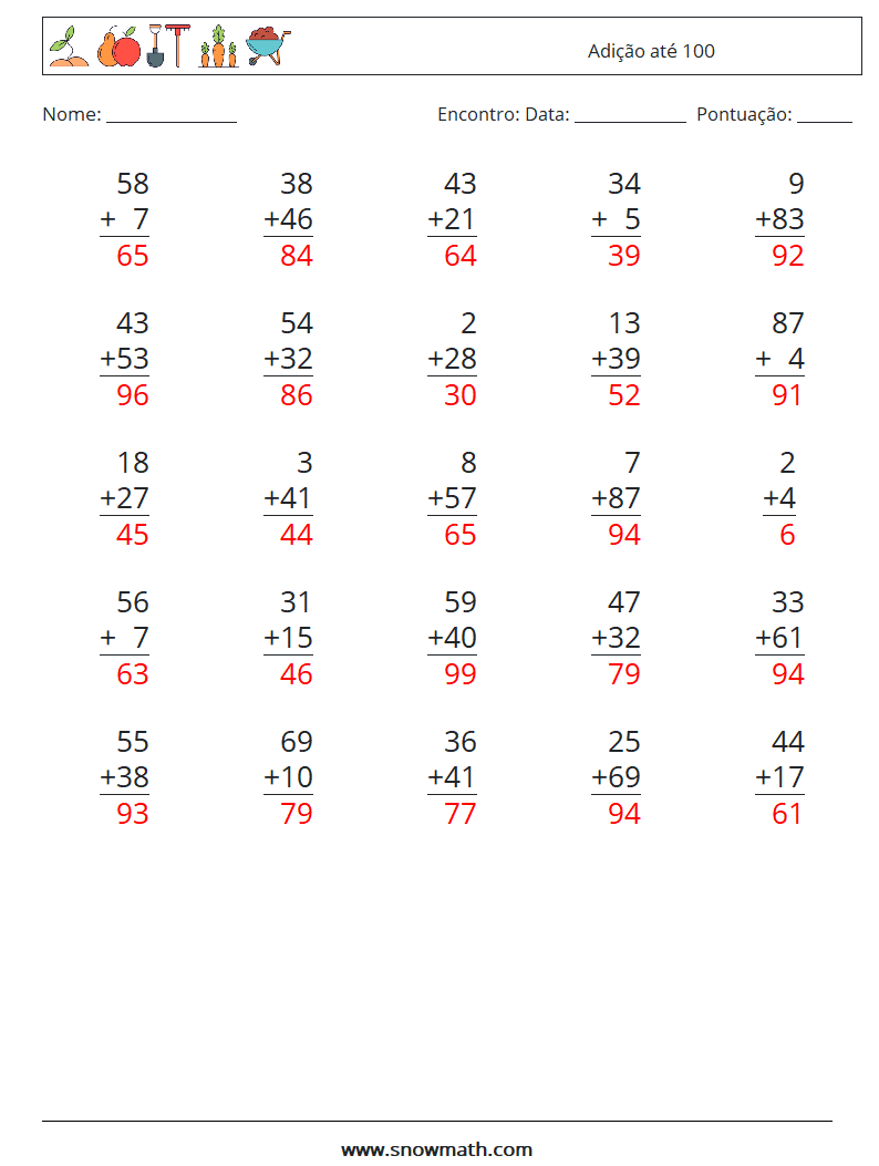 (25) Adição até 100 planilhas matemáticas 9 Pergunta, Resposta