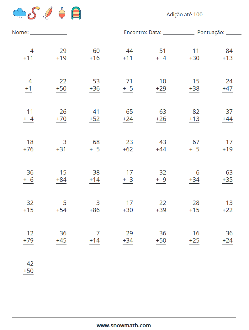 (50) Adição até 100 planilhas matemáticas 1