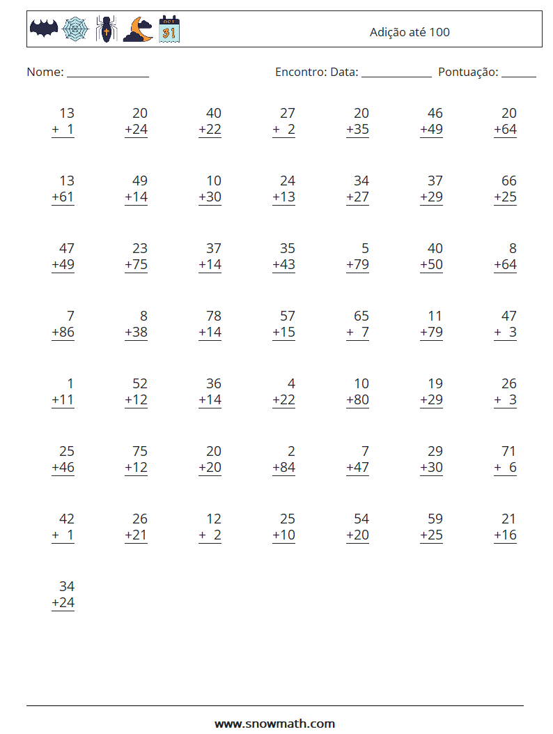 (50) Adição até 100 planilhas matemáticas 10