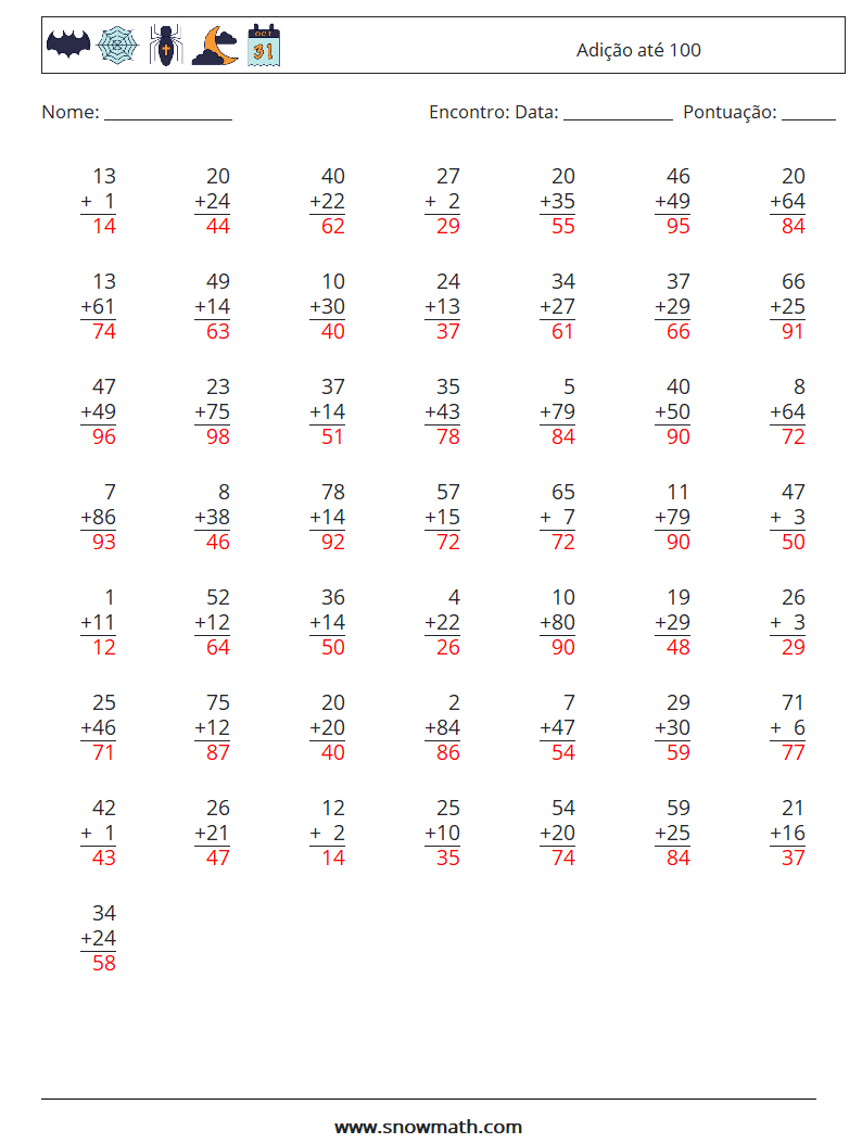 (50) Adição até 100 planilhas matemáticas 10 Pergunta, Resposta