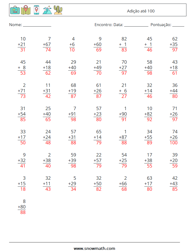 (50) Adição até 100 planilhas matemáticas 11 Pergunta, Resposta