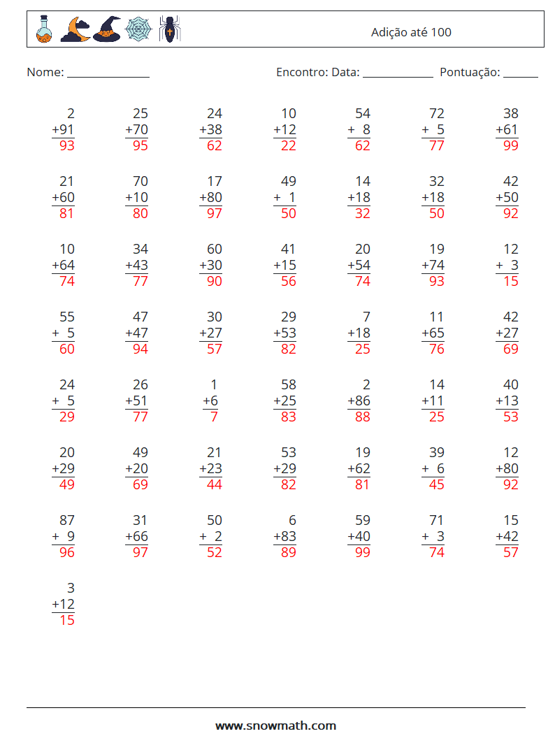 (50) Adição até 100 planilhas matemáticas 12 Pergunta, Resposta