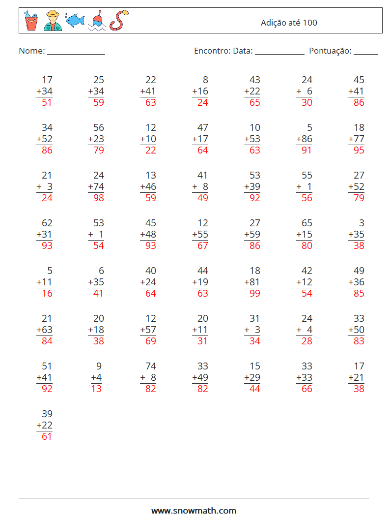 (50) Adição até 100 planilhas matemáticas 13 Pergunta, Resposta