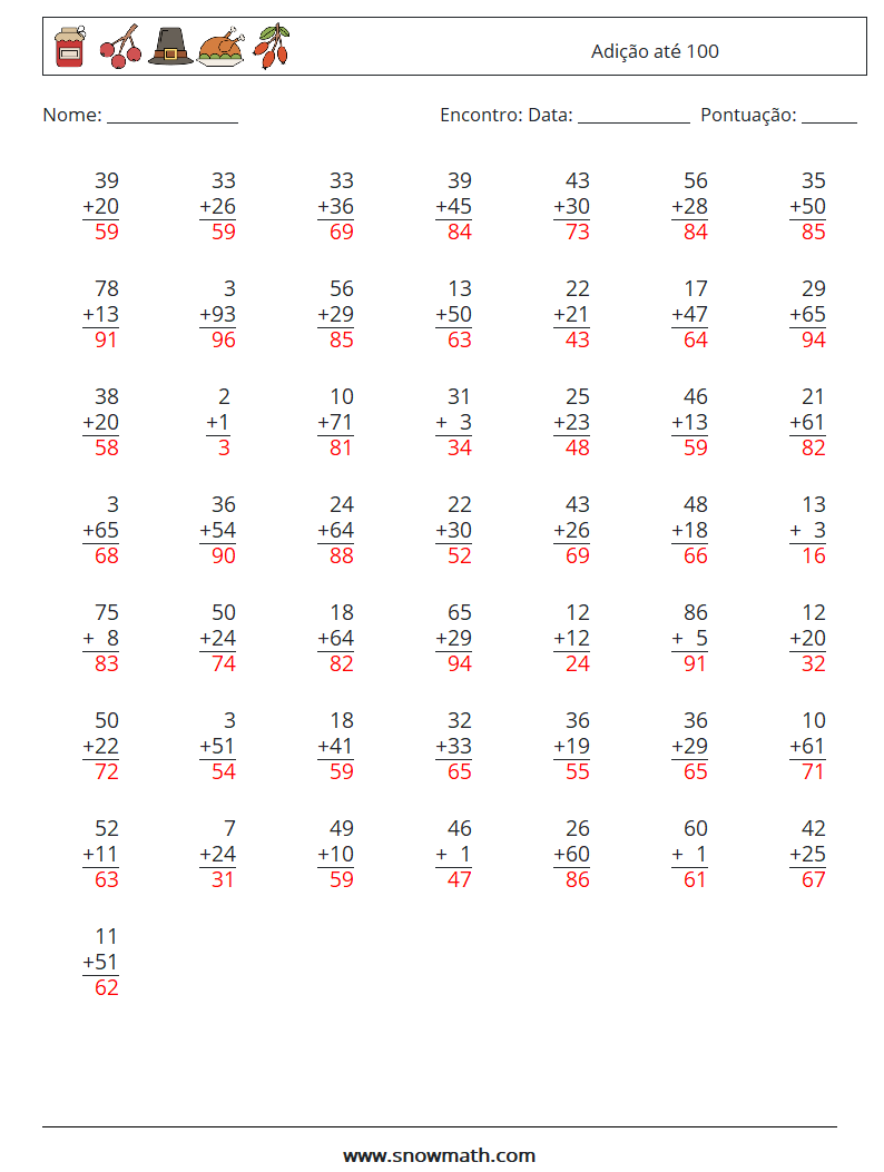 (50) Adição até 100 planilhas matemáticas 14 Pergunta, Resposta