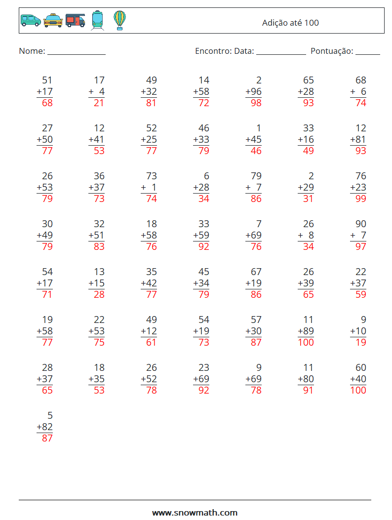 (50) Adição até 100 planilhas matemáticas 16 Pergunta, Resposta