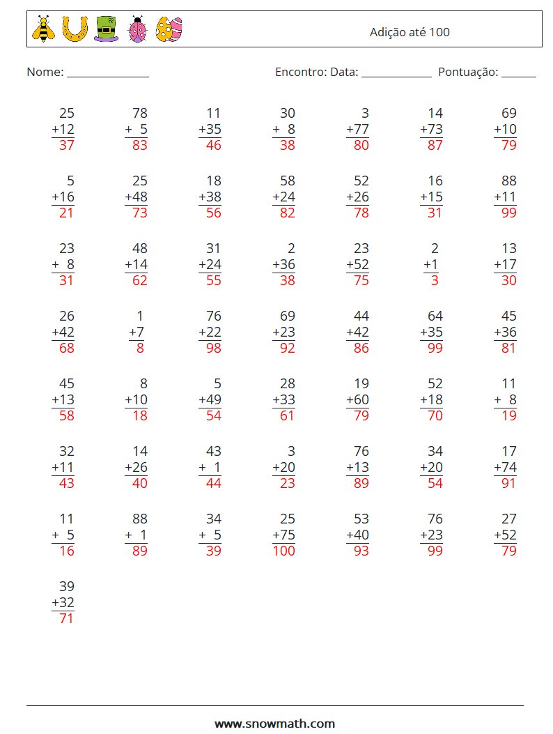 (50) Adição até 100 planilhas matemáticas 18 Pergunta, Resposta