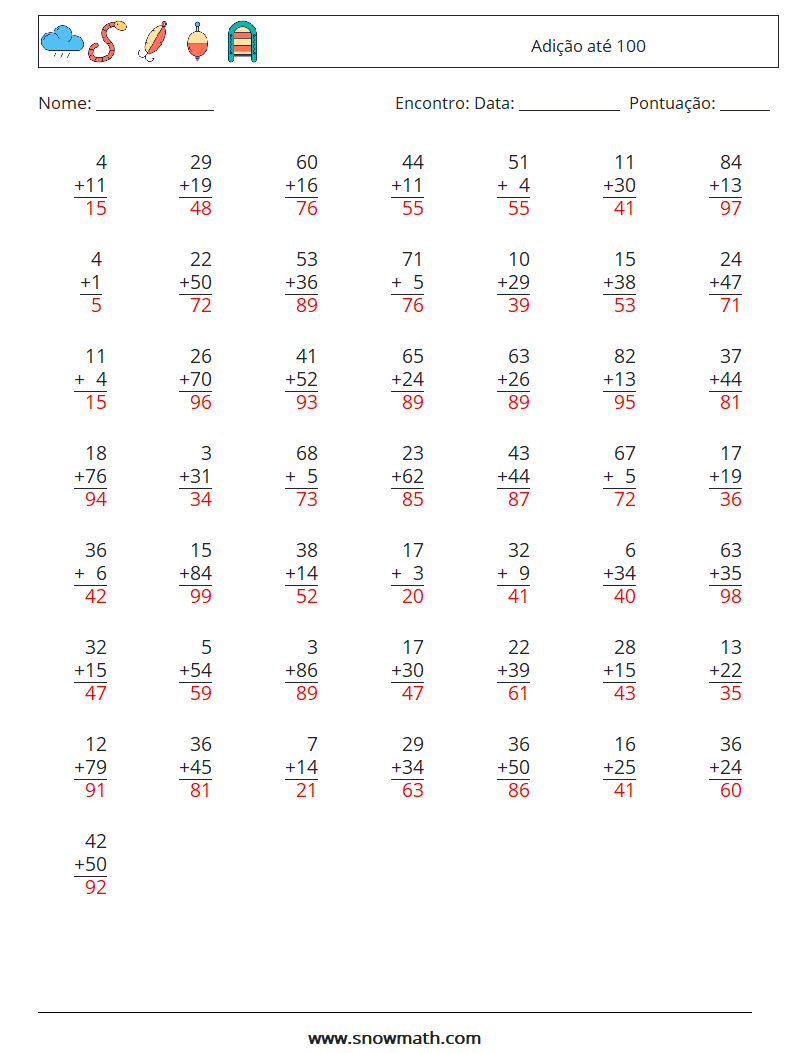 (50) Adição até 100 planilhas matemáticas 1 Pergunta, Resposta