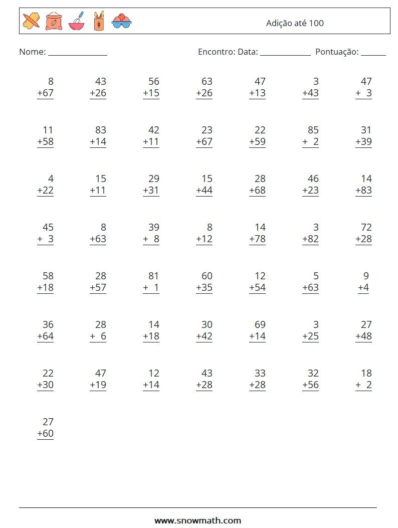 (50) Adição até 100 planilhas matemáticas 2