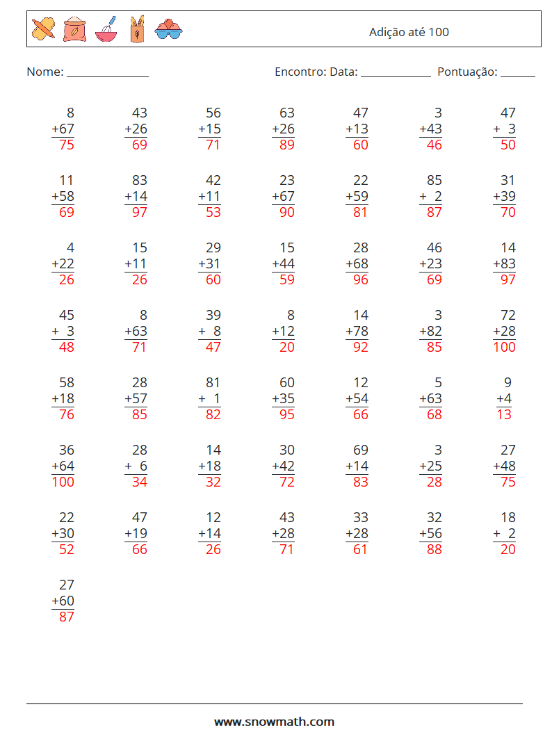 (50) Adição até 100 planilhas matemáticas 2 Pergunta, Resposta